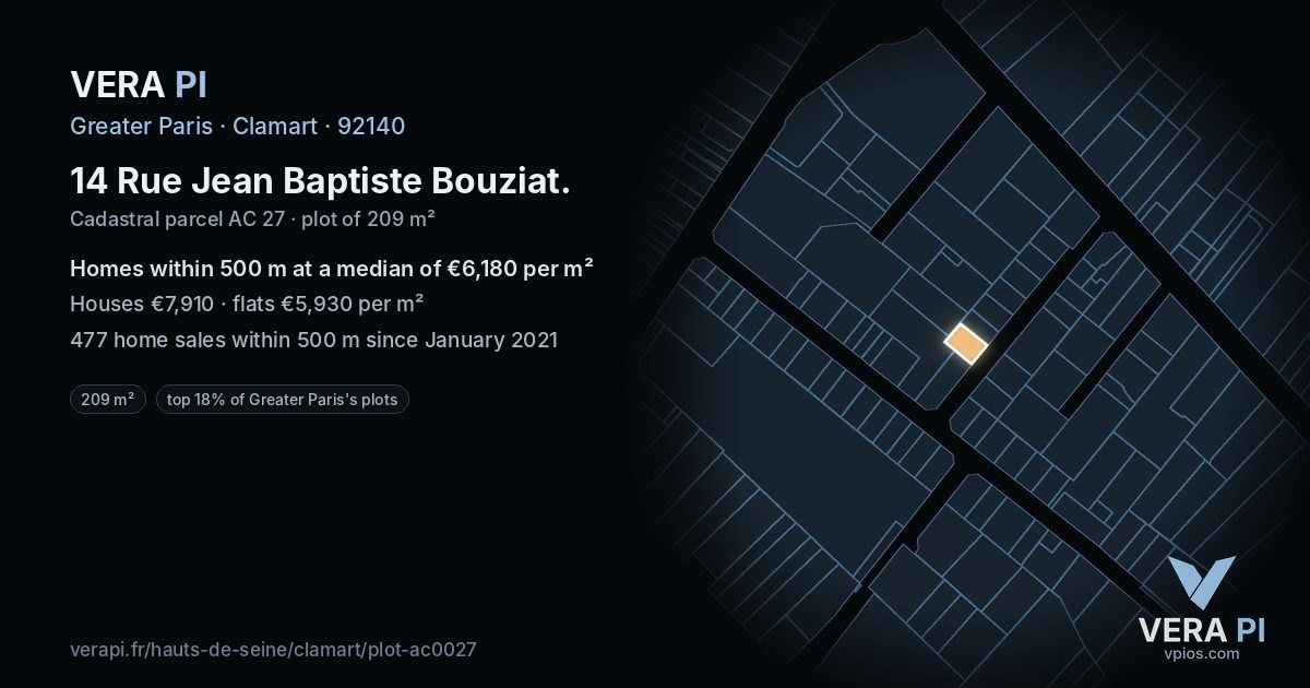 14 Rue Jean Baptiste Bouziat, Clamart at night – the plot lit, the parcels around coloured by the prices near them
