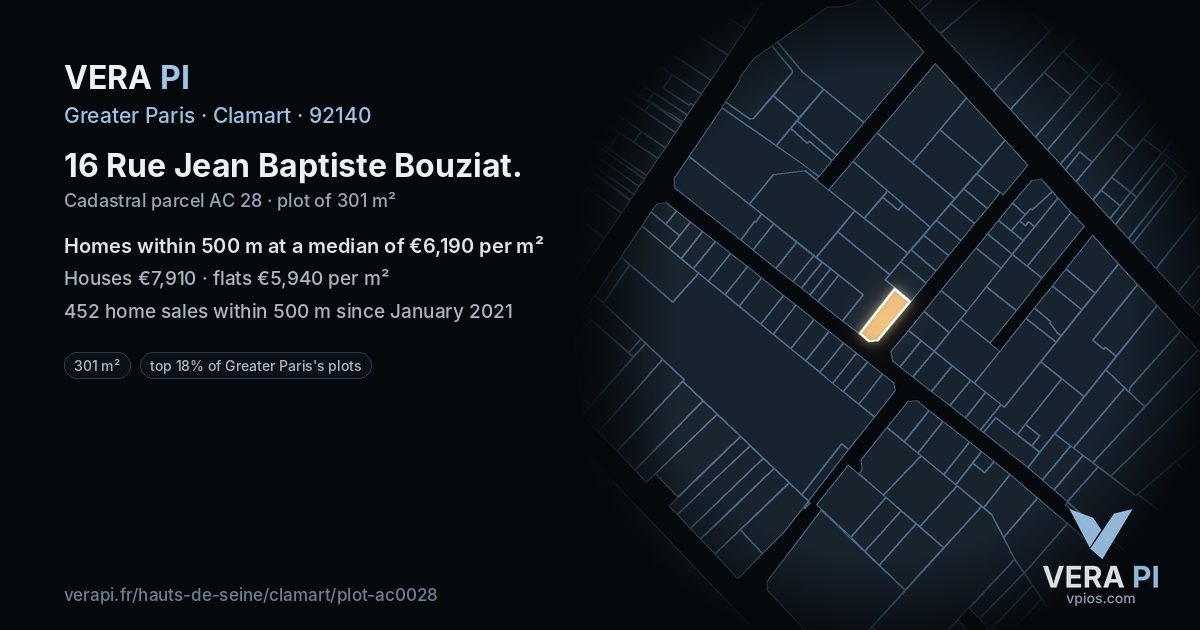 16 Rue Jean Baptiste Bouziat, Clamart at night – the plot lit, the parcels around coloured by the prices near them