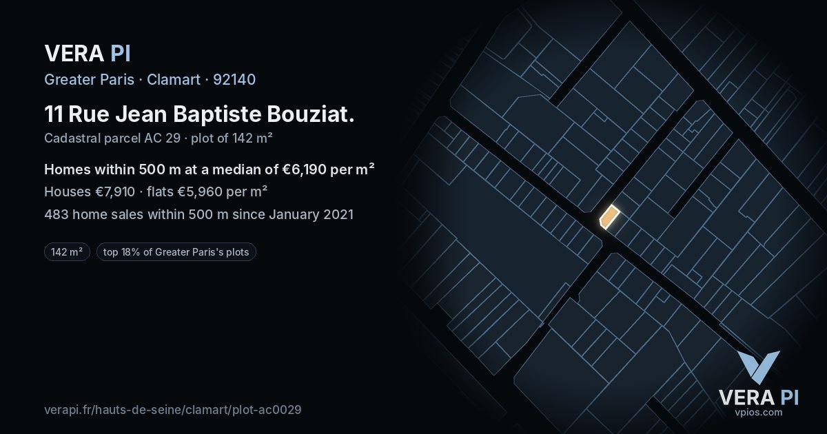11 Rue Jean Baptiste Bouziat, Clamart at night – the plot lit, the parcels around coloured by the prices near them