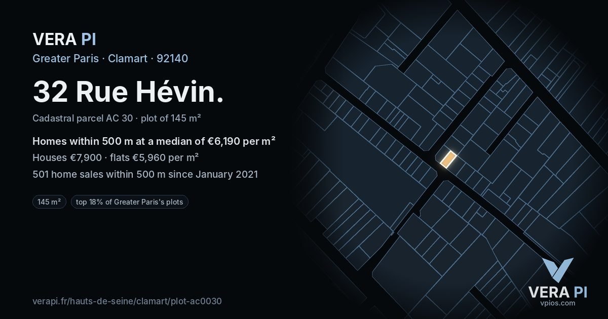 32 Rue Hévin, Clamart at night – the plot lit, the parcels around coloured by the prices near them
