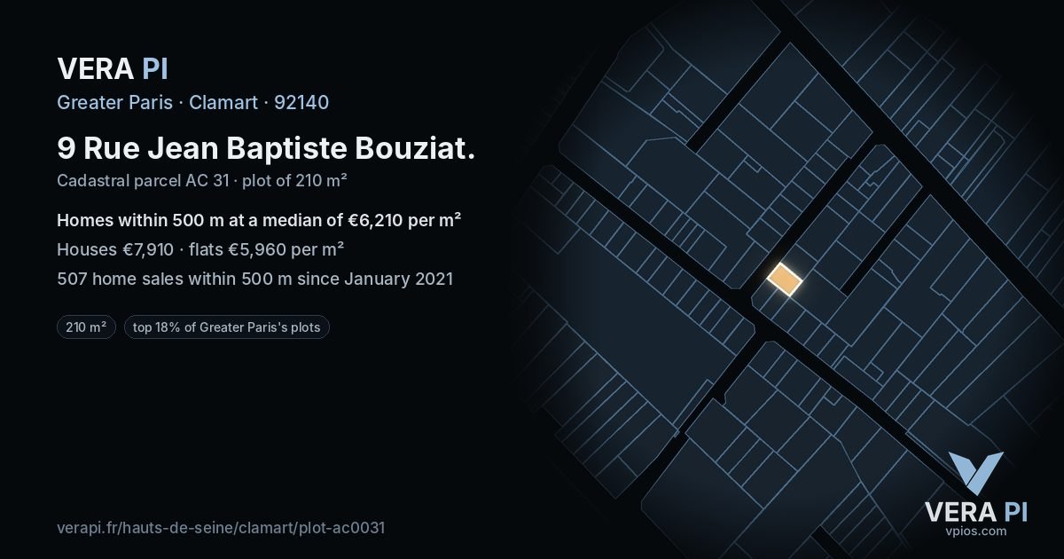 9 Rue Jean Baptiste Bouziat, Clamart at night – the plot lit, the parcels around coloured by the prices near them