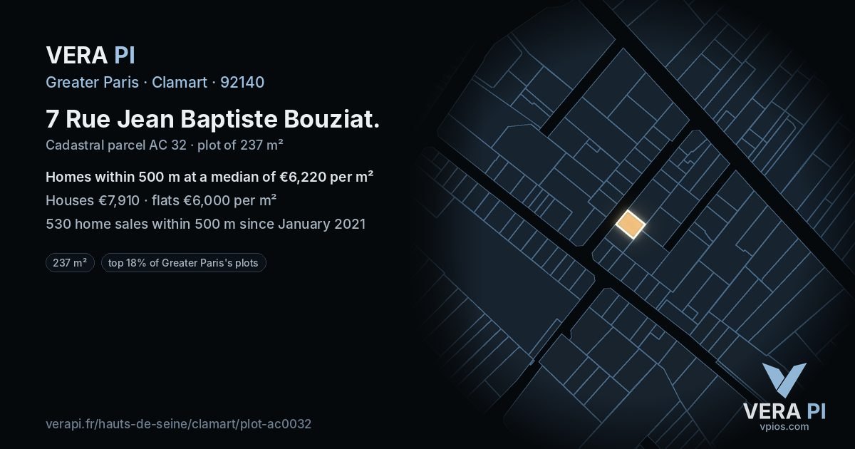 7 Rue Jean Baptiste Bouziat, Clamart at night – the plot lit, the parcels around coloured by the prices near them