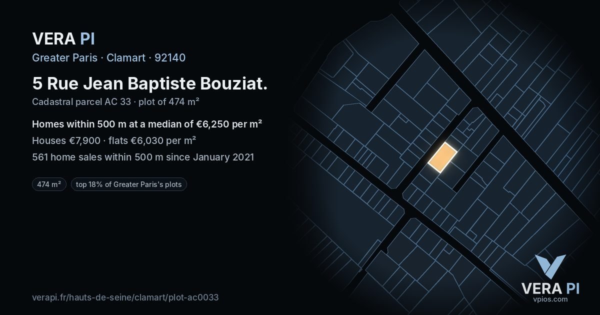 5 Rue Jean Baptiste Bouziat, Clamart at night – the plot lit, the parcels around coloured by the prices near them