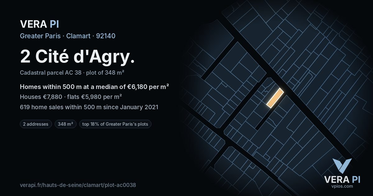 2 Cité d'Agry, Clamart at night – the plot lit, the parcels around coloured by the prices near them