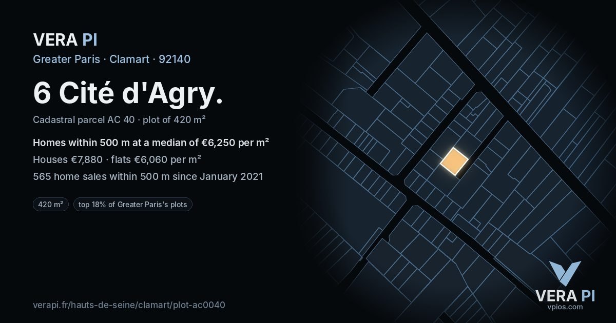 6 Cité d'Agry, Clamart at night – the plot lit, the parcels around coloured by the prices near them