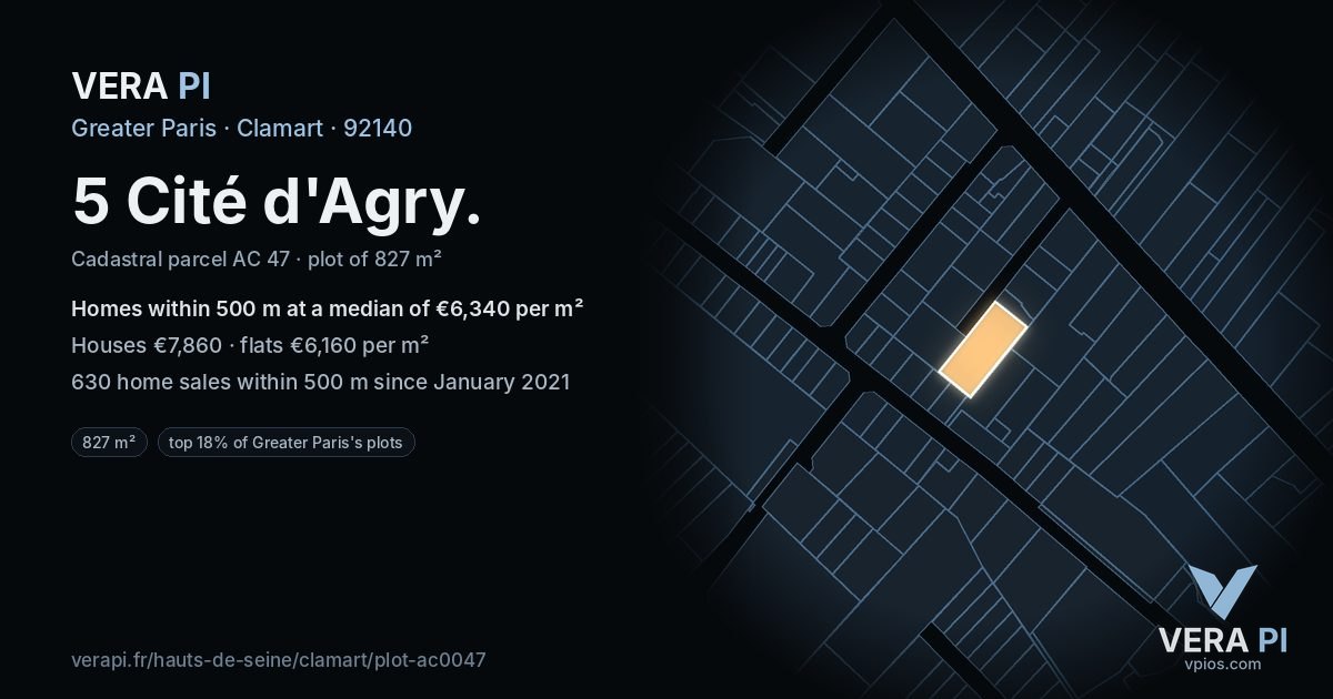 5 Cité d'Agry, Clamart at night – the plot lit, the parcels around coloured by the prices near them