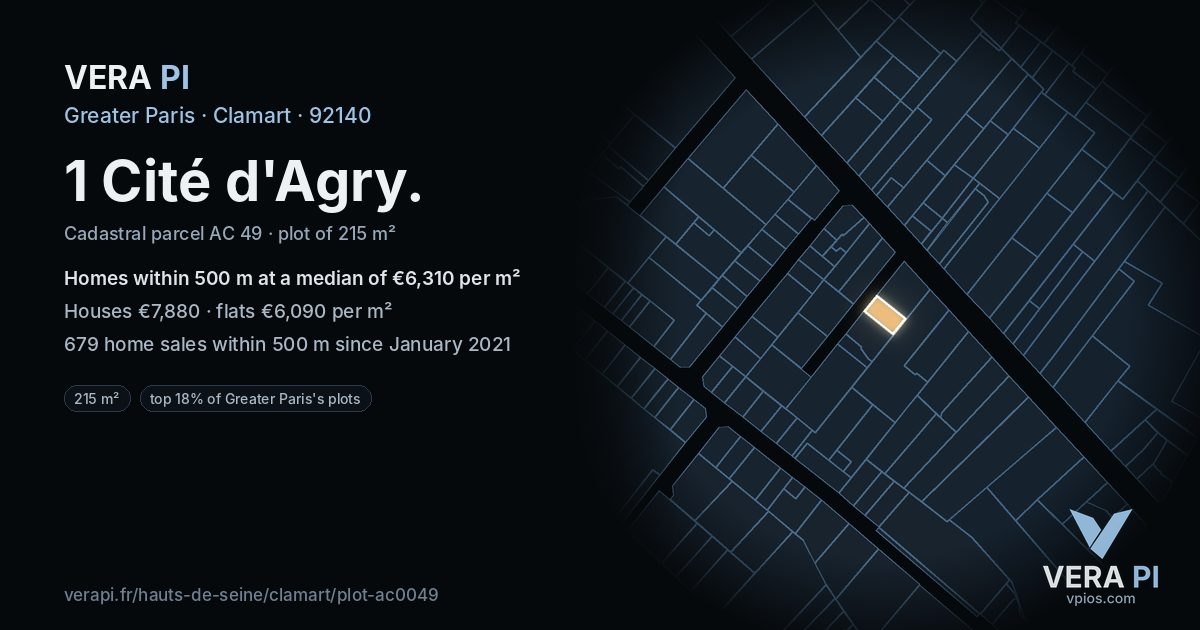 1 Cité d'Agry, Clamart at night – the plot lit, the parcels around coloured by the prices near them