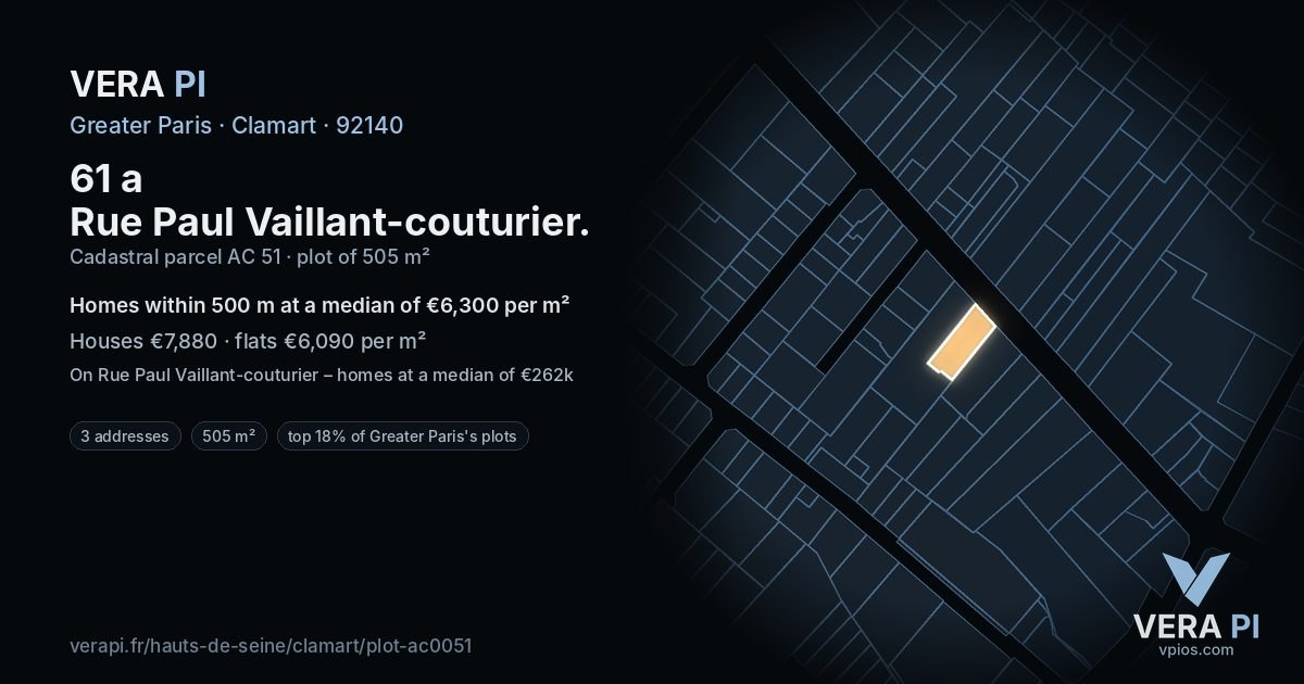 61 a Rue Paul Vaillant-couturier, Clamart at night – the plot lit, the parcels around coloured by the prices near them