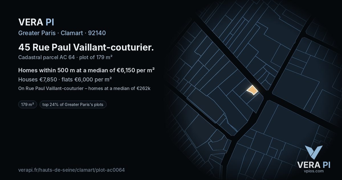 45 Rue Paul Vaillant-couturier, Clamart at night – the plot lit, the parcels around coloured by the prices near them