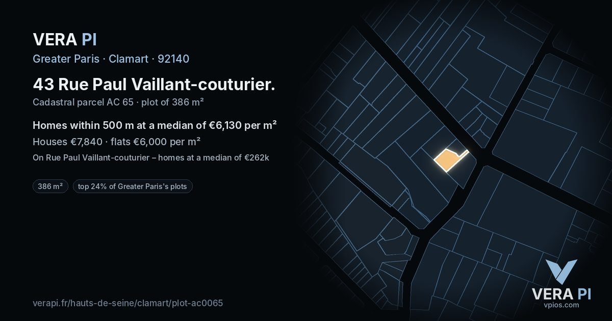 43 Rue Paul Vaillant-couturier, Clamart at night – the plot lit, the parcels around coloured by the prices near them