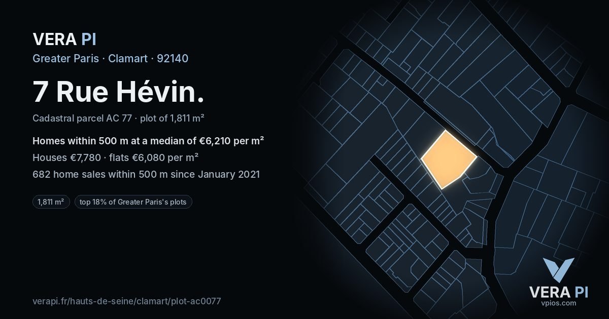 7 Rue Hévin, Clamart at night – the plot lit, the parcels around coloured by the prices near them