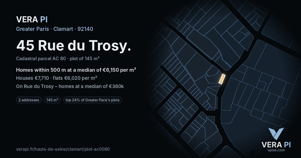 45 Rue du Trosy, Clamart at night – the plot lit, the parcels around coloured by the prices near them