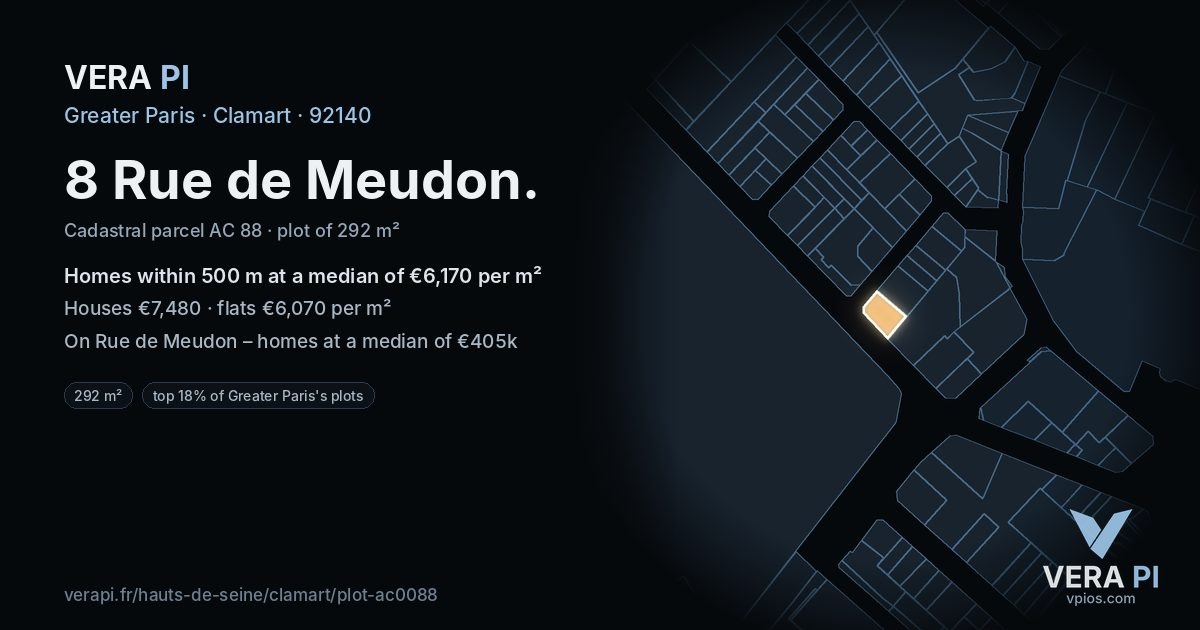 8 Rue de Meudon, Clamart at night – the plot lit, the parcels around coloured by the prices near them
