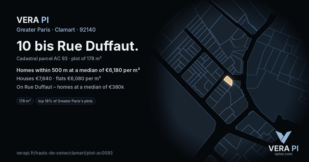 10 bis Rue Duffaut, Clamart at night – the plot lit, the parcels around coloured by the prices near them