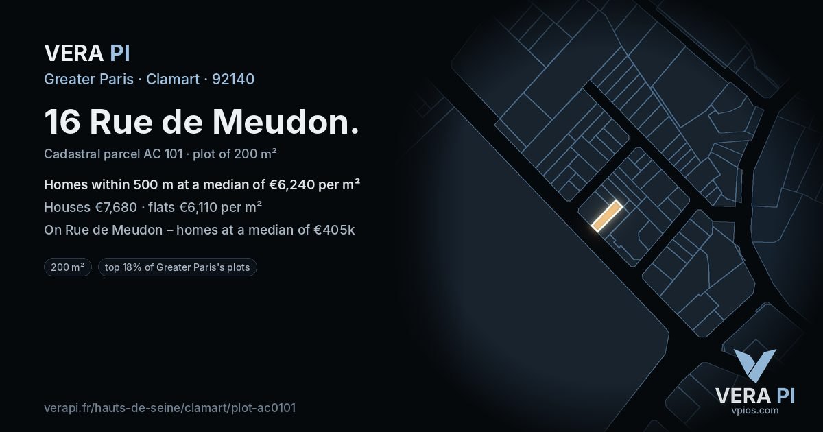 16 Rue de Meudon, Clamart at night – the plot lit, the parcels around coloured by the prices near them
