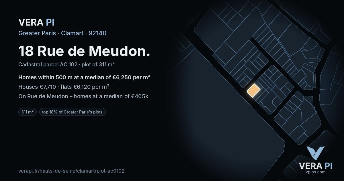 18 Rue de Meudon, Clamart at night – the plot lit, the parcels around coloured by the prices near them