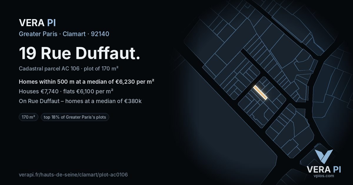 19 Rue Duffaut, Clamart at night – the plot lit, the parcels around coloured by the prices near them