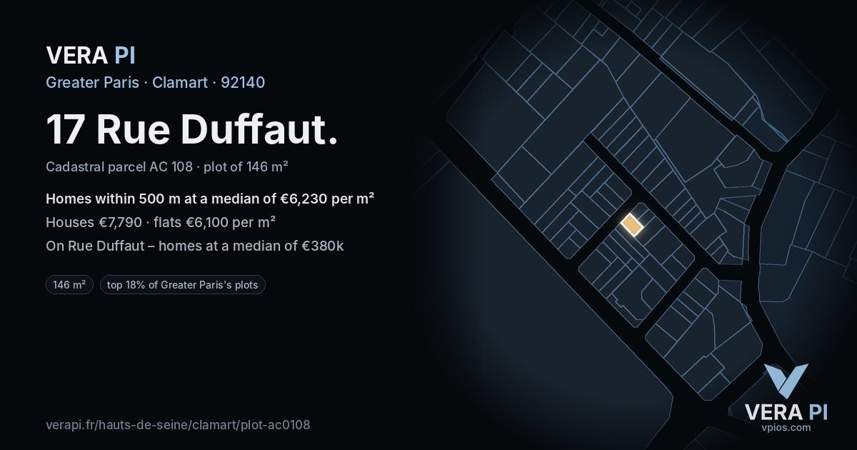 17 Rue Duffaut, Clamart at night – the plot lit, the parcels around coloured by the prices near them