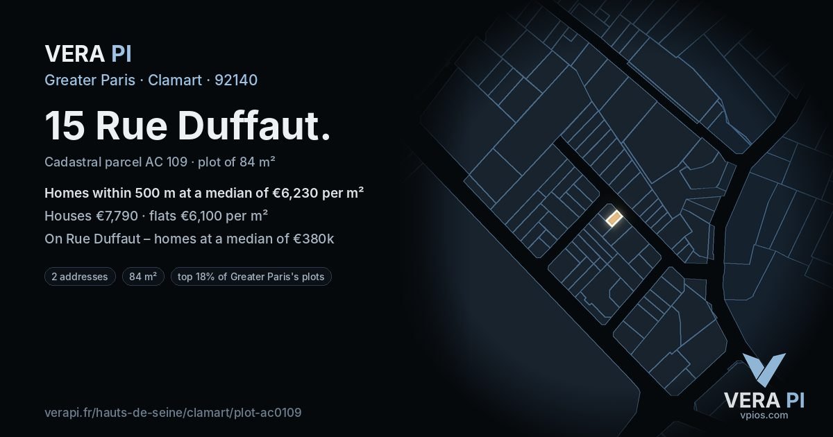 15 Rue Duffaut, Clamart at night – the plot lit, the parcels around coloured by the prices near them