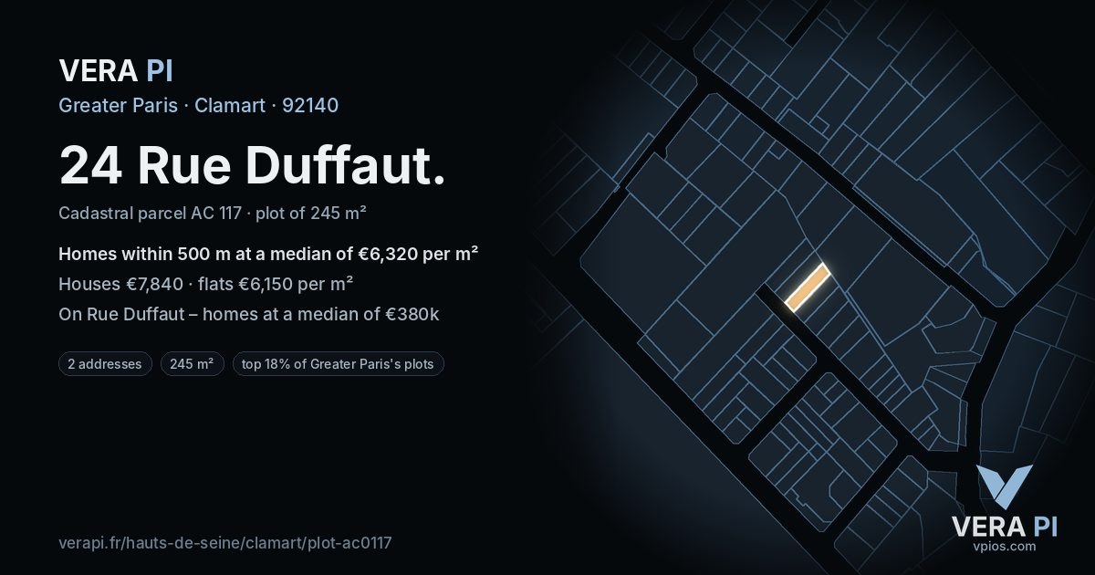24 Rue Duffaut, Clamart at night – the plot lit, the parcels around coloured by the prices near them