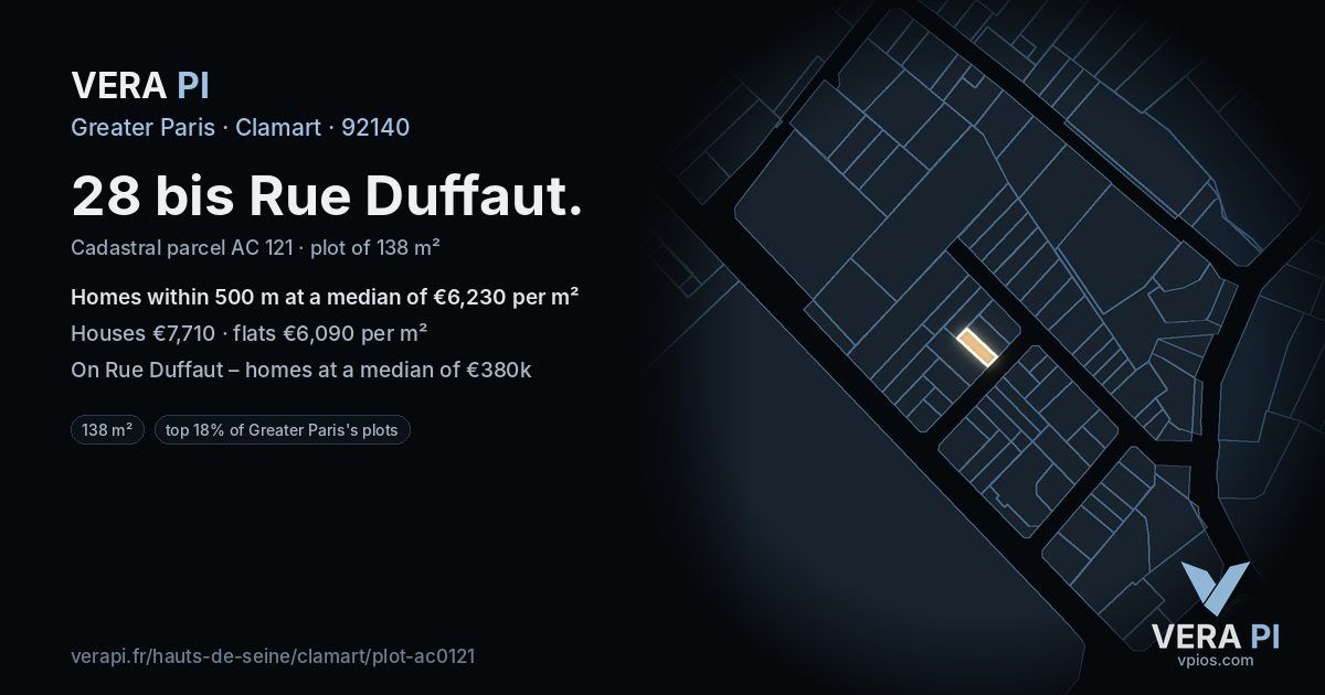 28 bis Rue Duffaut, Clamart at night – the plot lit, the parcels around coloured by the prices near them