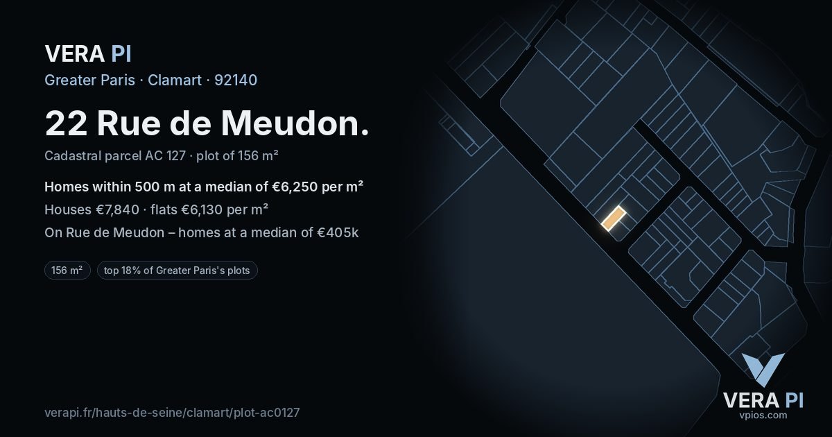22 Rue de Meudon, Clamart at night – the plot lit, the parcels around coloured by the prices near them