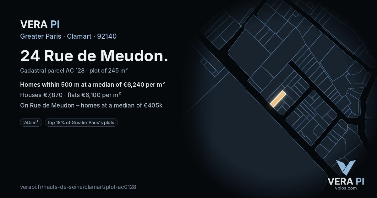 24 Rue de Meudon, Clamart at night – the plot lit, the parcels around coloured by the prices near them