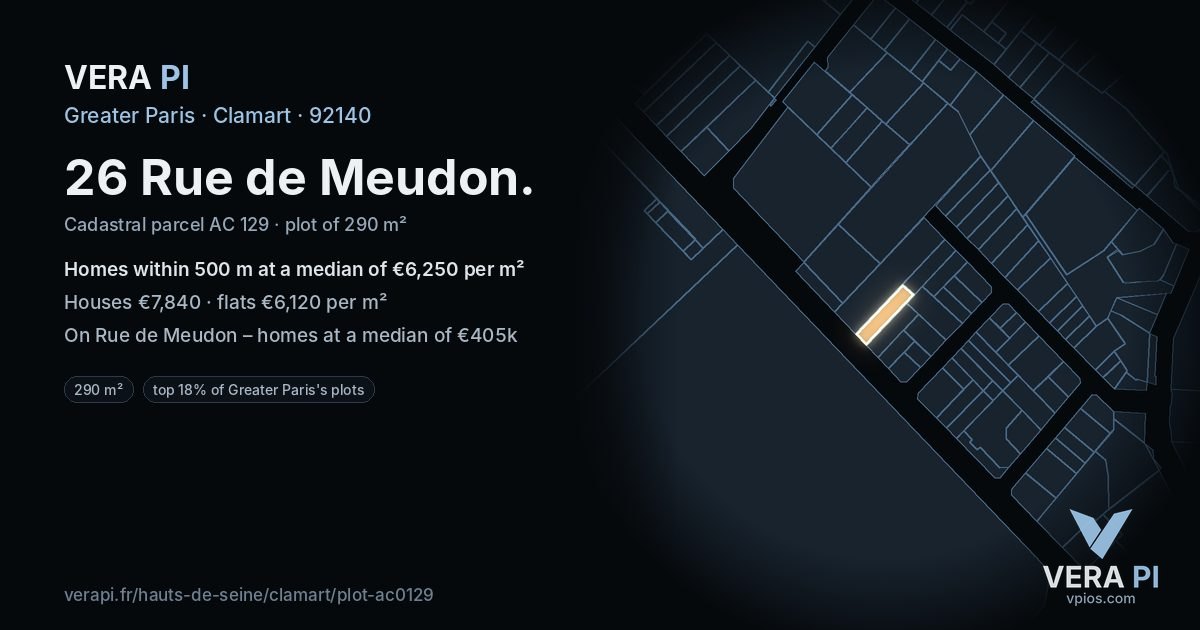 26 Rue de Meudon, Clamart at night – the plot lit, the parcels around coloured by the prices near them