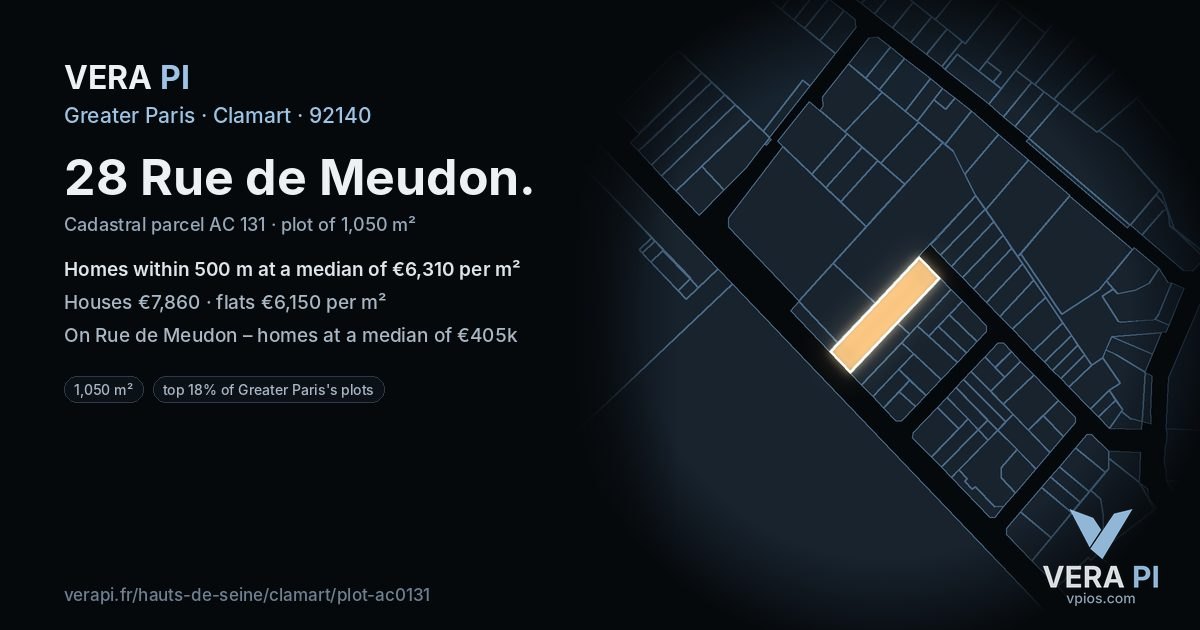 28 Rue de Meudon, Clamart at night – the plot lit, the parcels around coloured by the prices near them