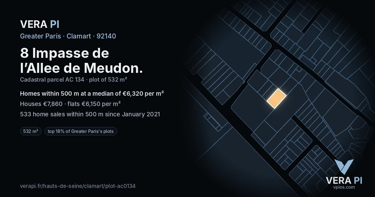 8 Impasse de l’Allee de Meudon, Clamart at night – the plot lit, the parcels around coloured by the prices near them