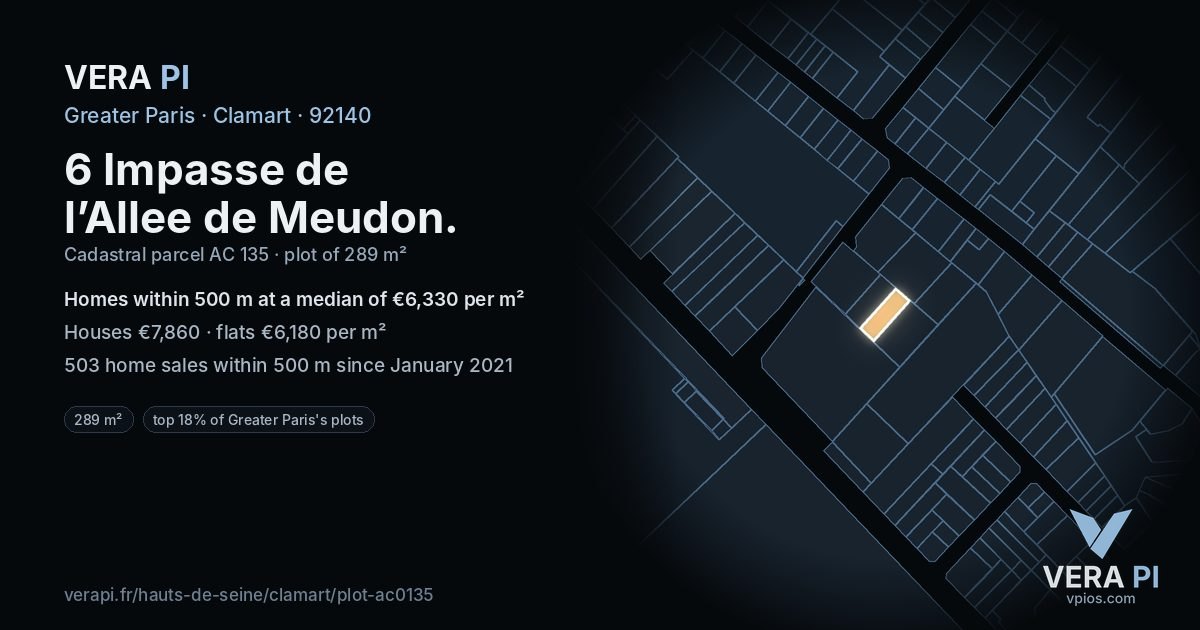 6 Impasse de l’Allee de Meudon, Clamart at night – the plot lit, the parcels around coloured by the prices near them