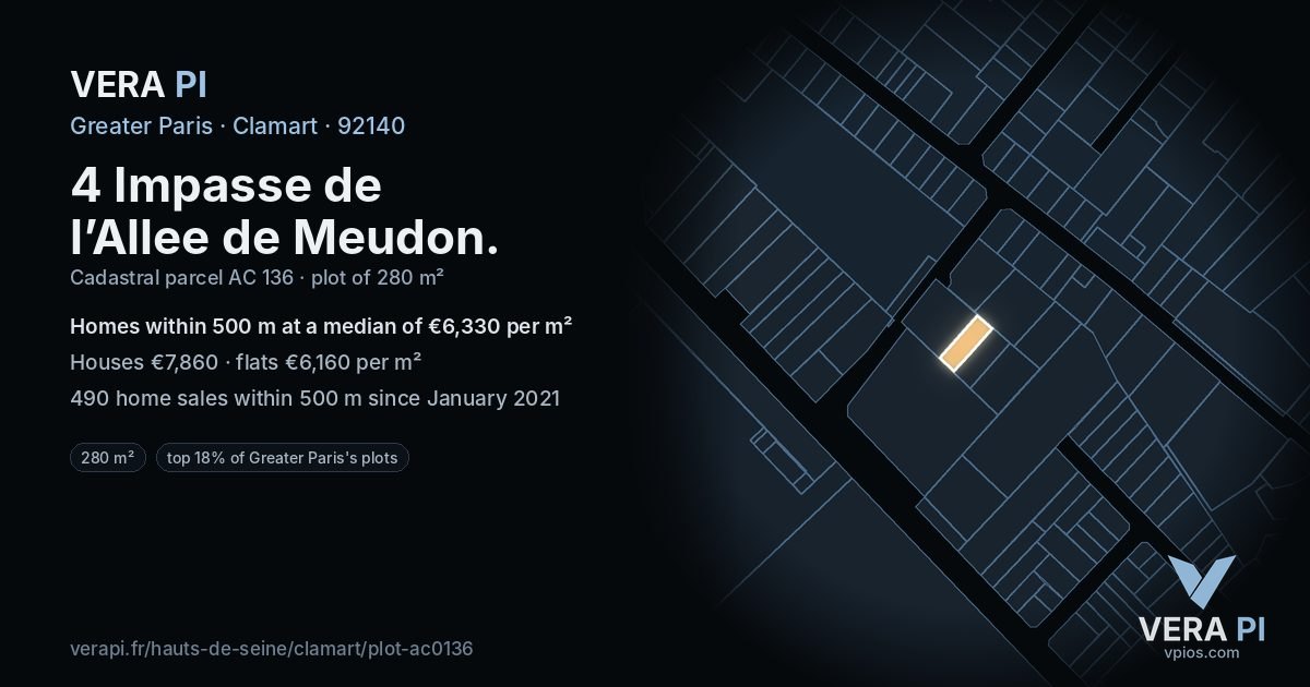 4 Impasse de l’Allee de Meudon, Clamart at night – the plot lit, the parcels around coloured by the prices near them