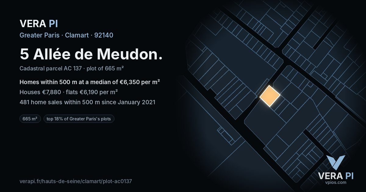 5 Allée de Meudon, Clamart at night – the plot lit, the parcels around coloured by the prices near them