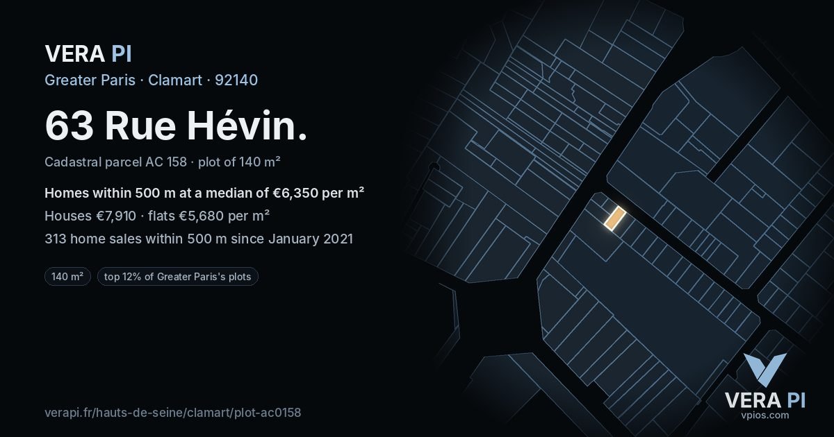 63 Rue Hévin, Clamart at night – the plot lit, the parcels around coloured by the prices near them
