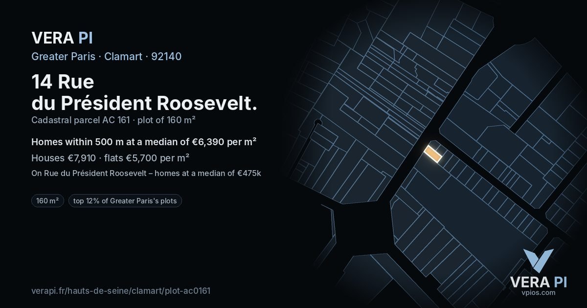 14 Rue du Président Roosevelt, Clamart at night – the plot lit, the parcels around coloured by the prices near them