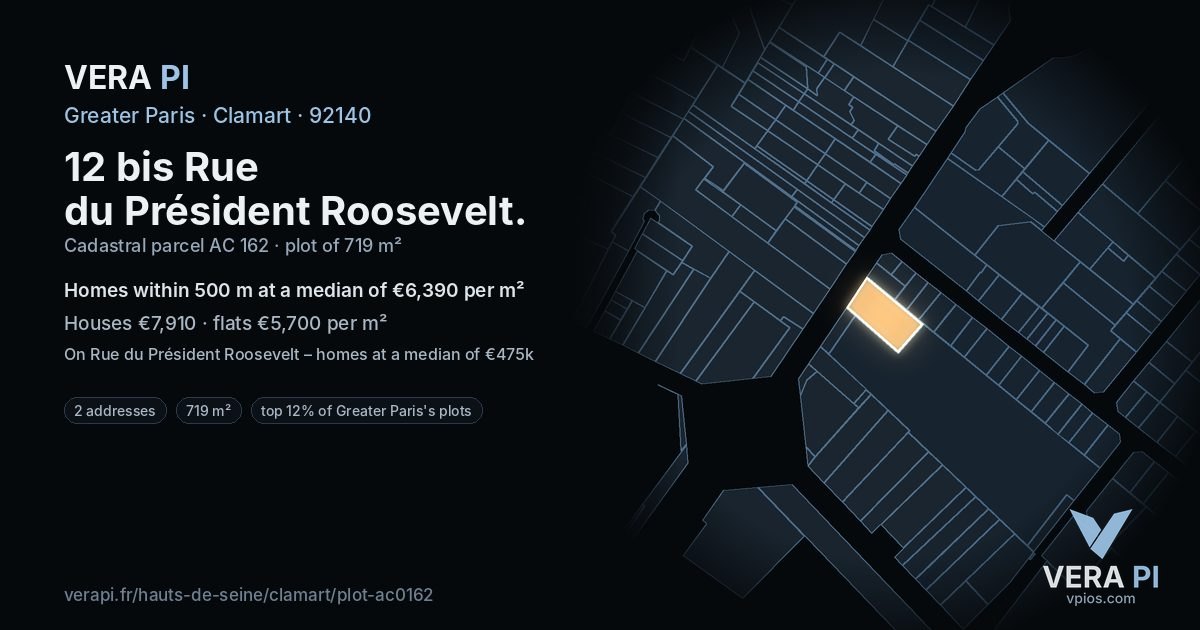 12 bis Rue du Président Roosevelt, Clamart at night – the plot lit, the parcels around coloured by the prices near them