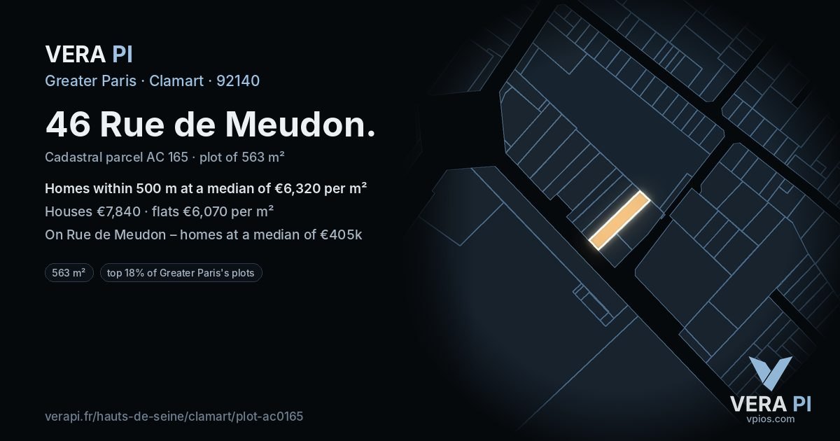 46 Rue de Meudon, Clamart at night – the plot lit, the parcels around coloured by the prices near them