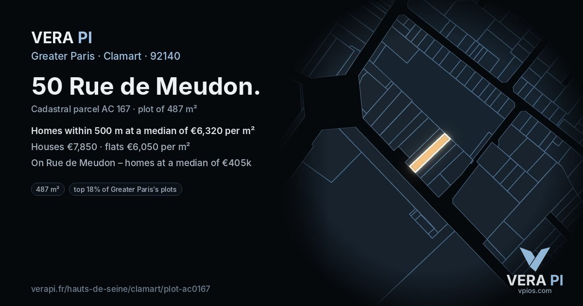 50 Rue de Meudon, Clamart at night – the plot lit, the parcels around coloured by the prices near them