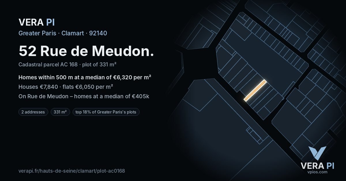 52 Rue de Meudon, Clamart at night – the plot lit, the parcels around coloured by the prices near them