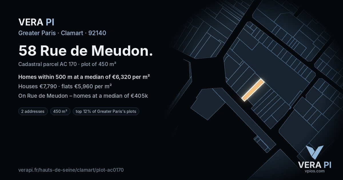 58 Rue de Meudon, Clamart at night – the plot lit, the parcels around coloured by the prices near them