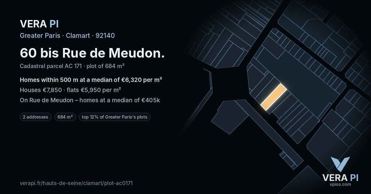60 bis Rue de Meudon, Clamart at night – the plot lit, the parcels around coloured by the prices near them