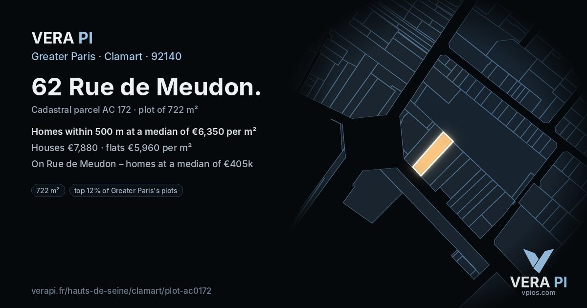 62 Rue de Meudon, Clamart at night – the plot lit, the parcels around coloured by the prices near them