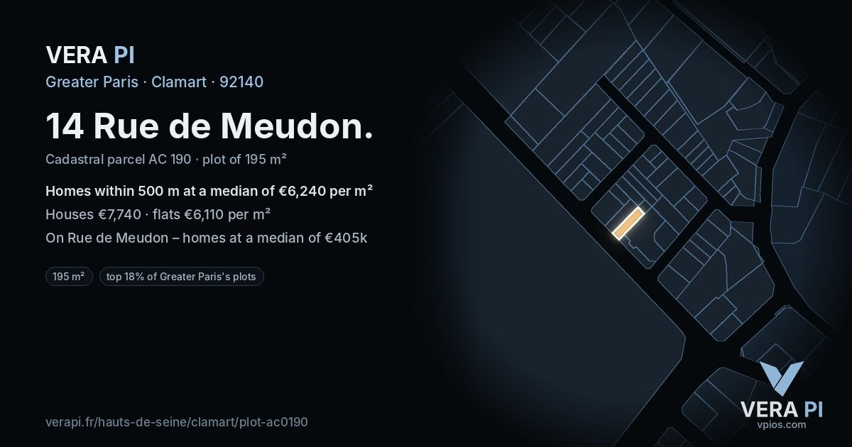 14 Rue de Meudon, Clamart at night – the plot lit, the parcels around coloured by the prices near them