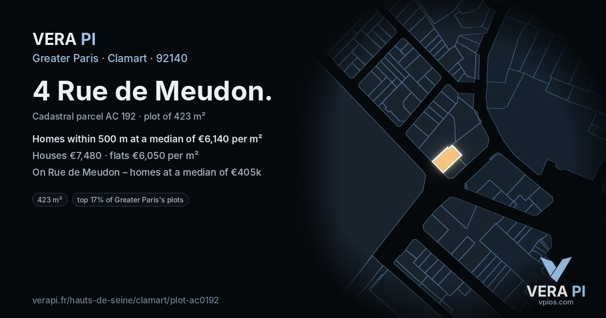 4 Rue de Meudon, Clamart at night – the plot lit, the parcels around coloured by the prices near them