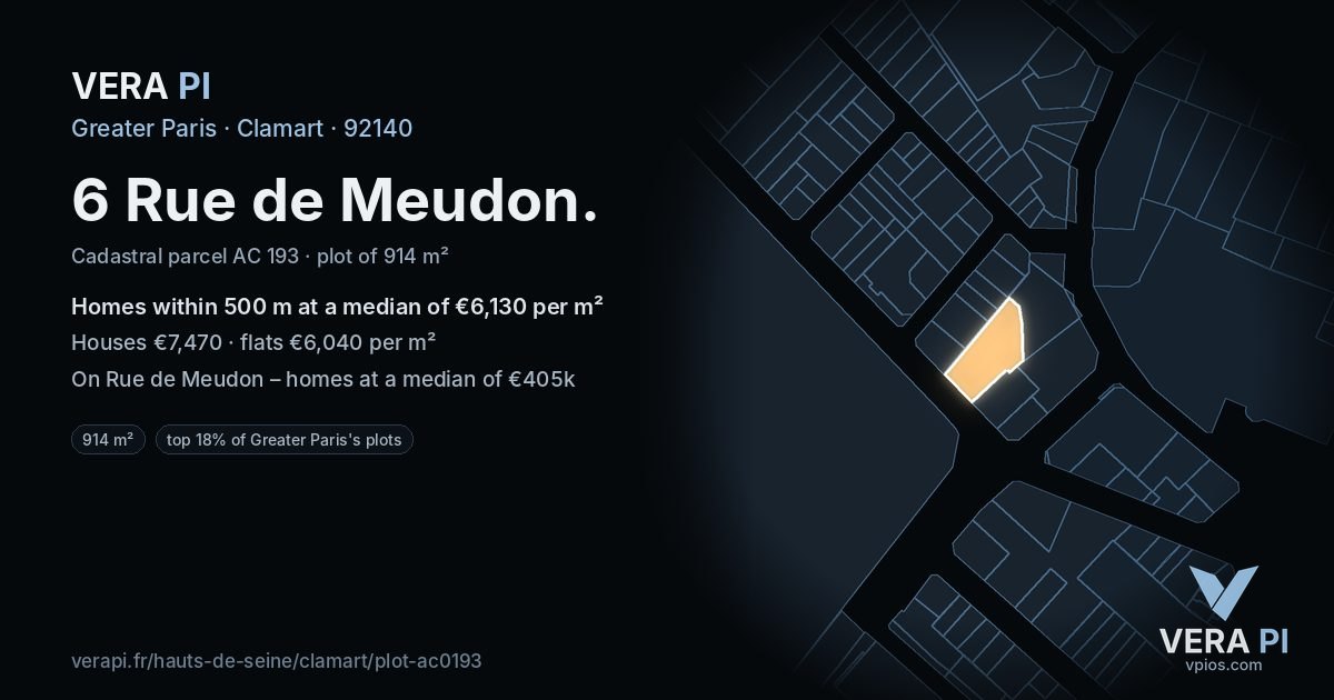 6 Rue de Meudon, Clamart at night – the plot lit, the parcels around coloured by the prices near them