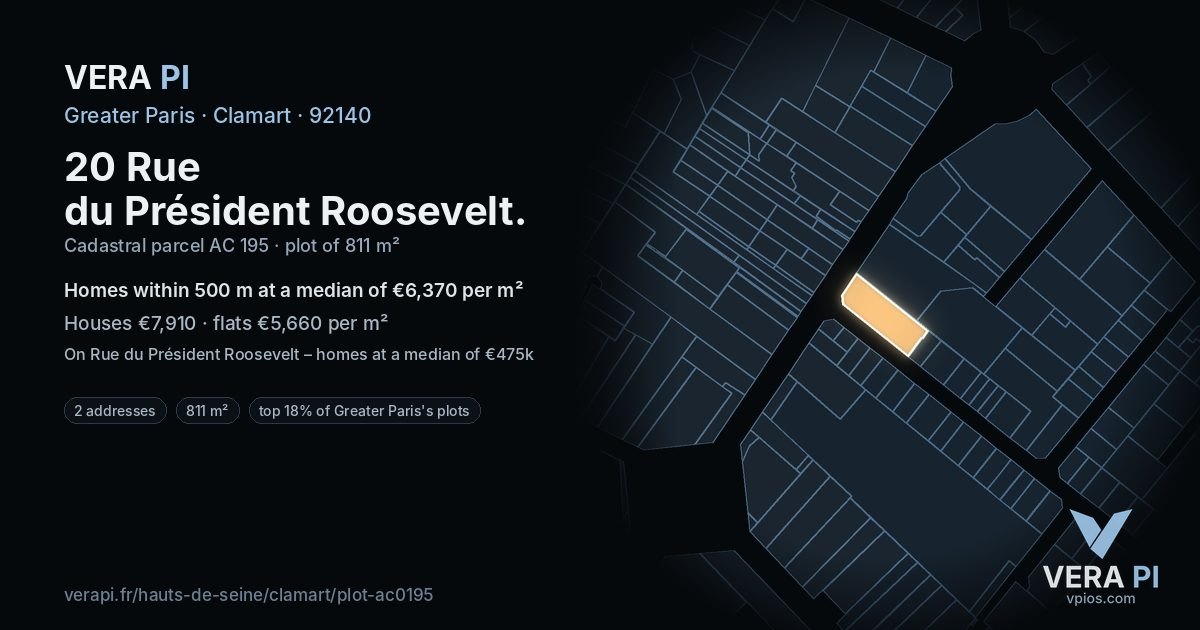 20 Rue du Président Roosevelt, Clamart at night – the plot lit, the parcels around coloured by the prices near them