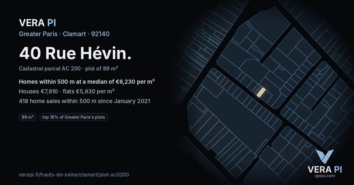 40 Rue Hévin, Clamart at night – the plot lit, the parcels around coloured by the prices near them
