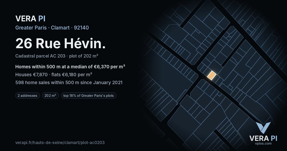 26 Rue Hévin, Clamart at night – the plot lit, the parcels around coloured by the prices near them