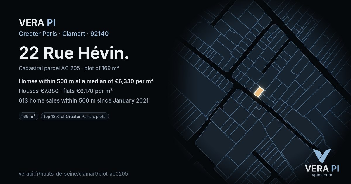 22 Rue Hévin, Clamart at night – the plot lit, the parcels around coloured by the prices near them