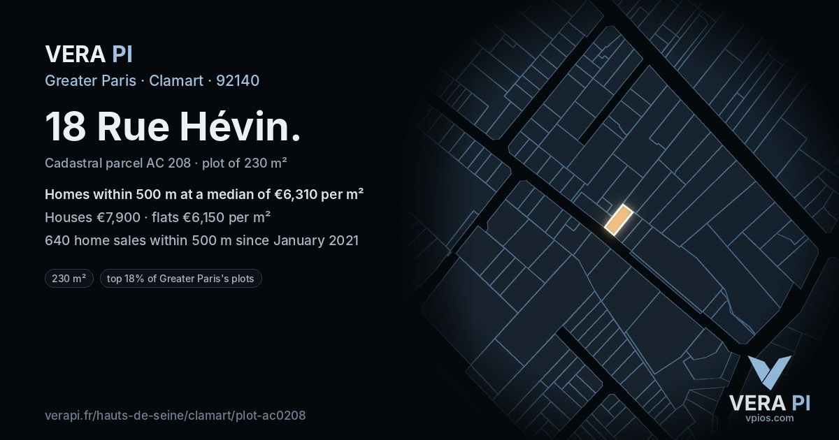 18 Rue Hévin, Clamart at night – the plot lit, the parcels around coloured by the prices near them
